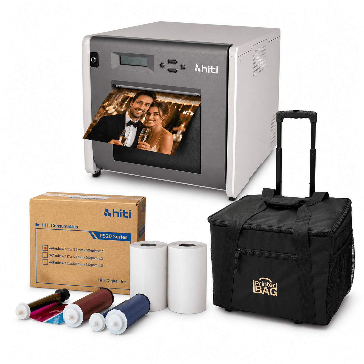 Hiti P525L Printer Bundle with 4x6 Media and Rolling Carrying Case
