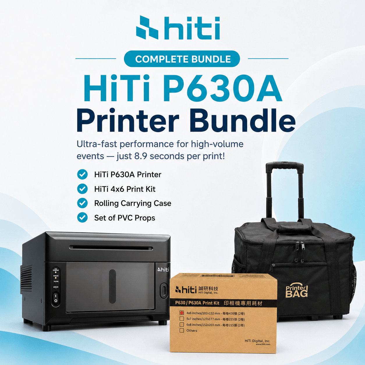 HiTi P630A Photo Booth Printer Bundle – Includes 4x6" Media & Rolling Case