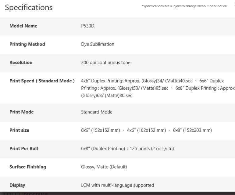 Specifications for Hiti DOUBLE SIDED P530D Printer, including printing method, speed, and sizes.
