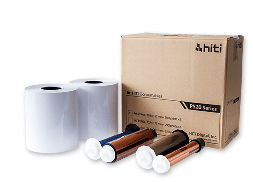 HiTi P520L and P525L 4x6 media kit including 2 paper rolls and 2 ribbons for high-quality photo printing.