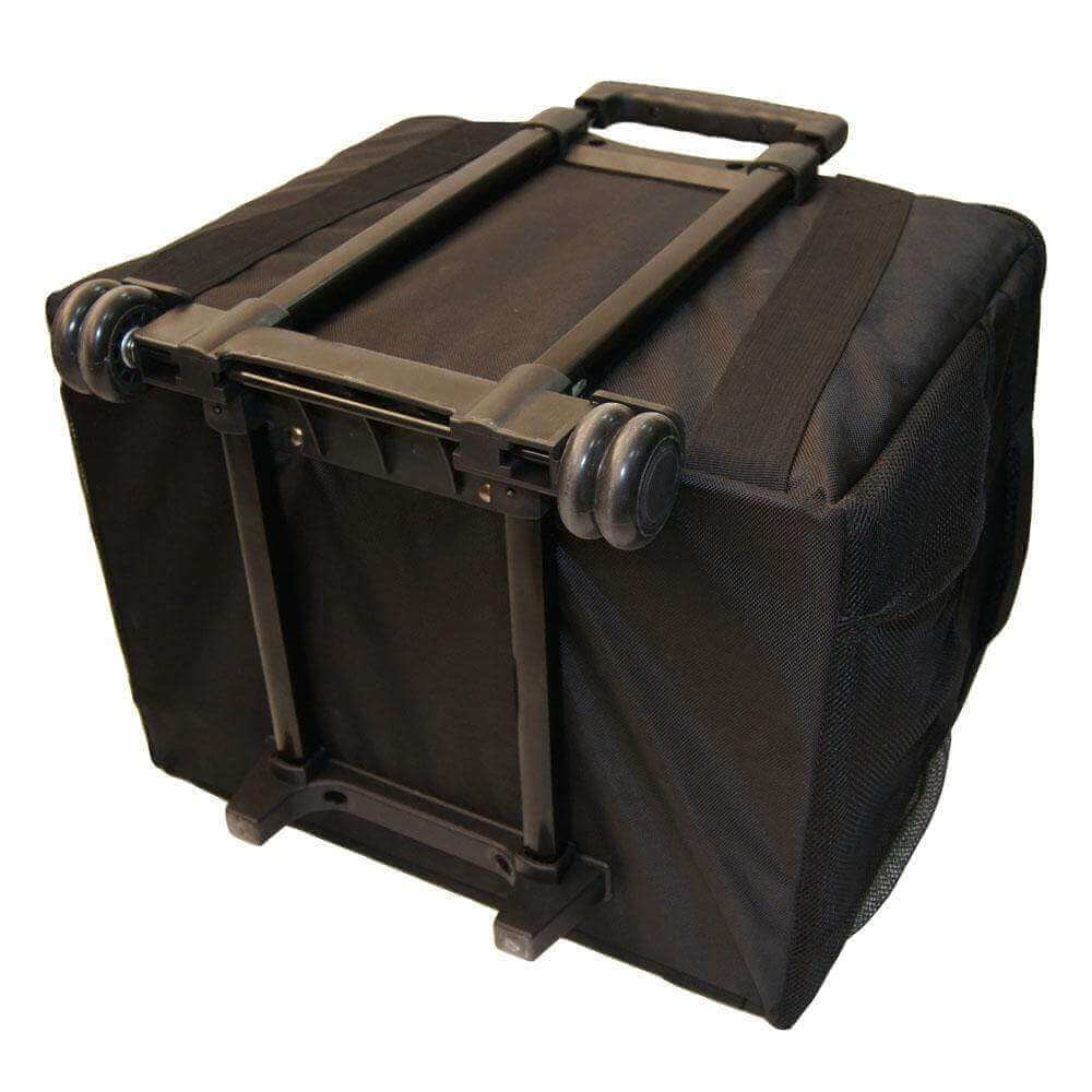 Rolling printer carrying case with handle and wheels, designed for DNP and Mitsubishi printers, featuring a padded nylon shell.