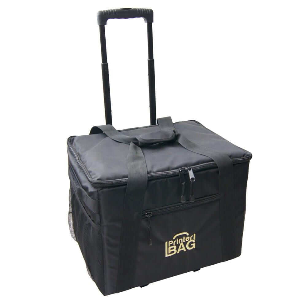 Rolling printer carrying case with handle and wheels for DNP, MITSUBISHI, HITI printers, designed for photographers.