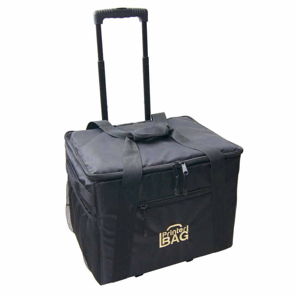 Rolling printer carrying case with handle and wheels for DNP, MITSUBISHI, HITI printers, designed for photographers.