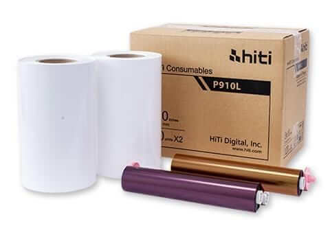 Hiti P910L media kit with two rolls of paper and two color ribbons for dye-sublimation printing.