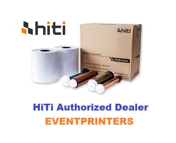 HiTi P520L 4x6 media bundle with rolls of photo paper, showcasing authorized dealer tag.